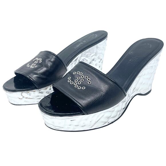 Chanel Shoes Flat Heels CC Logo Black Leather Silver Metallic Platform Wedge 37